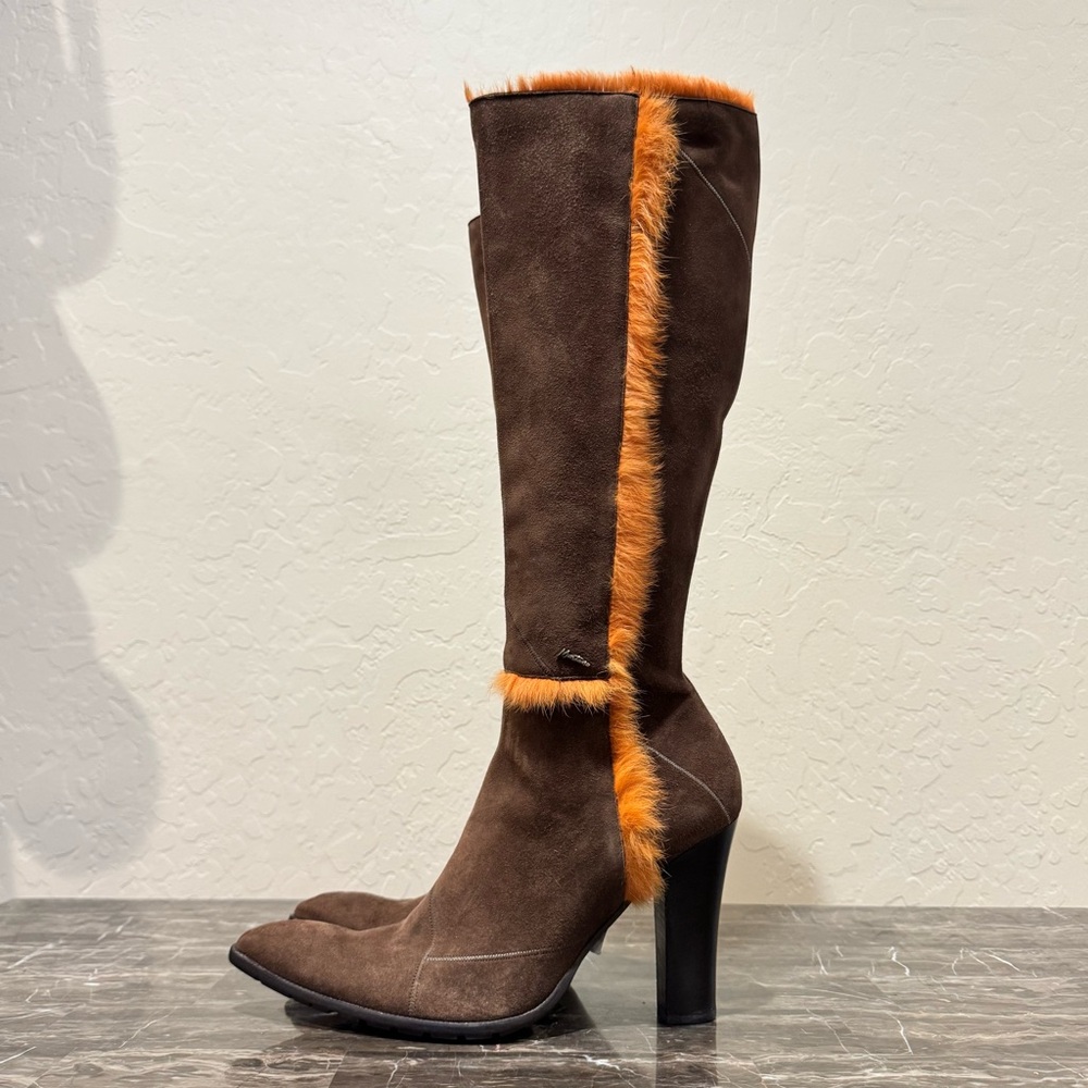 Italian Suede Feather Trimmed Knee High Boots